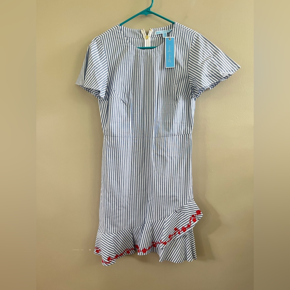 Draper James Embroidered Faux Wrap Dress Blue White Stripes Ruffle Size 6‎ - Picture 2 of 7